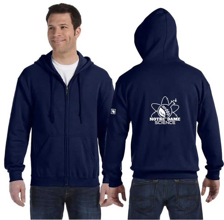 NOTRE DAME SCIENCE - BACK PRINT - GILDAN COTTON ZIP HOODIE - ADULT