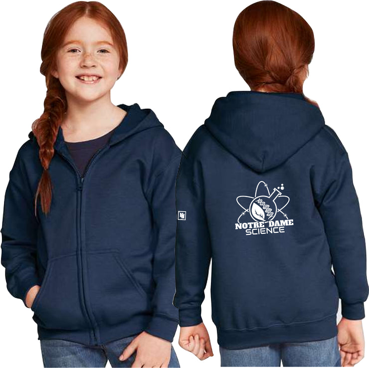 NOTRE DAME SCIENCE - BACK PRINT - GILDAN COTTON ZIP HOODIE - YOUTH